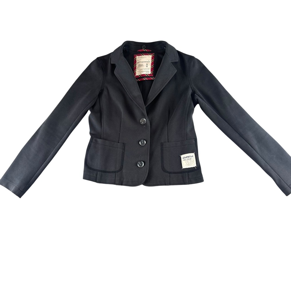 Aeropostale‎ Womens Black Knit Blazer Jacket Size M Preppy Athl Dept Patch